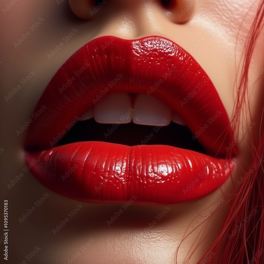 Obraz premium close-up of a woman's lips showcasing a striking bold lipstick color, with soft lighting enhancing the richness of the shade, glamorous look