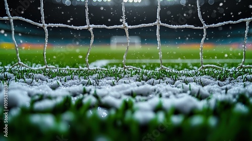 Snowfall covers the grass around the goal, creating a serene winter atmosphere for the game photo