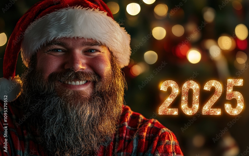 Santa Beard and 2025 A close-up of a man with a playful Santa-style beard and a bright red holiday hat, smiling warmly, with Santa Beard and 2025 A close-up of a man with a playful Santa-style beard and a bright red holiday hat, smiling warmly, with