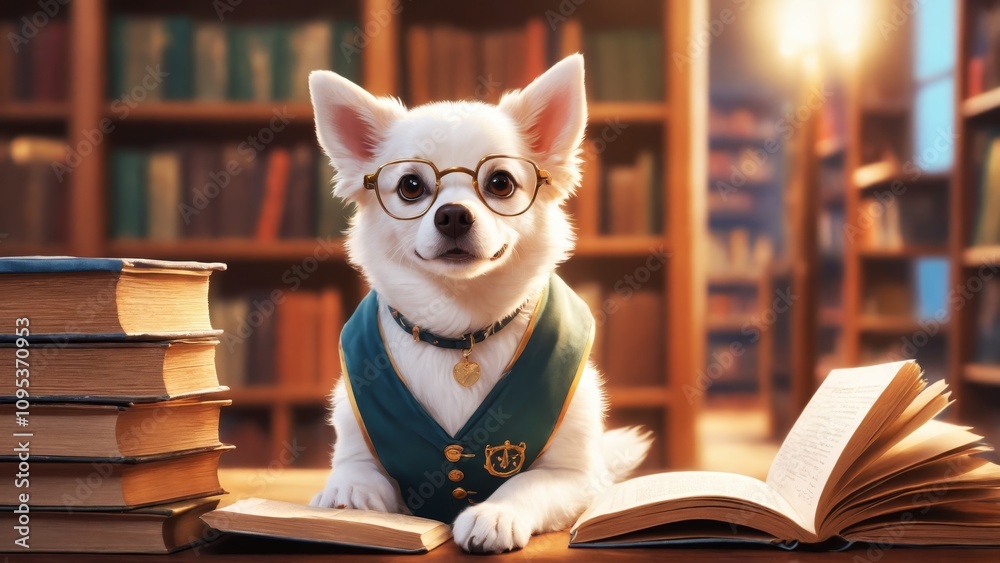 A scholarly dog in glasses engages with books in a cozy library setting A scholarly dog in glasses engages with books in a cozy library setting