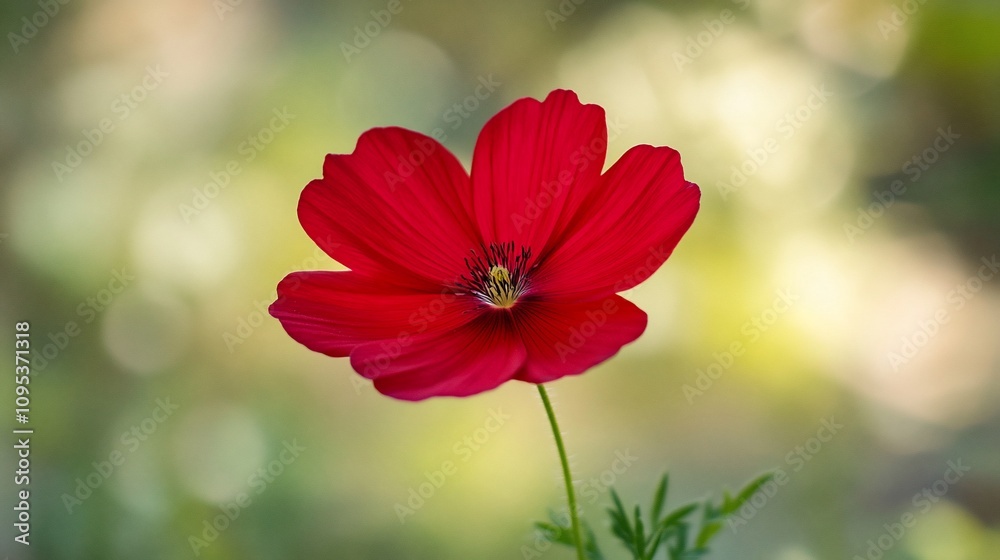 Single red cosmos flower blooming in soft focus garden. Single red cosmos flower blooming in soft focus garden.