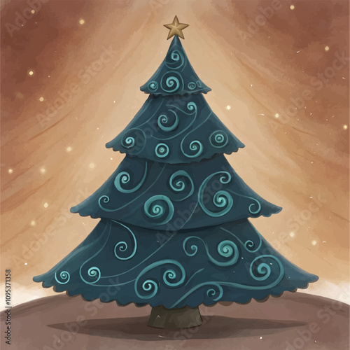 Dark green Christmas tree adorned with silver swirls and golden star topper