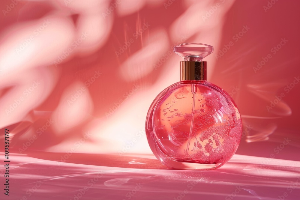 Stylish perfume bottle illuminated by soft light on a pink, textured backdrop Stylish perfume bottle illuminated by soft light on a pink, textured backdrop