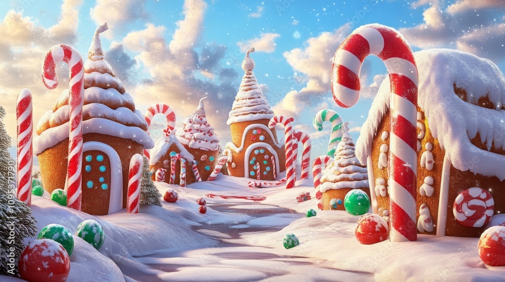 Obraz premium A whimsical, candy themed background with oversized candy canes and gumdrops, gingerbread houses and a snowy candy land, 16:9