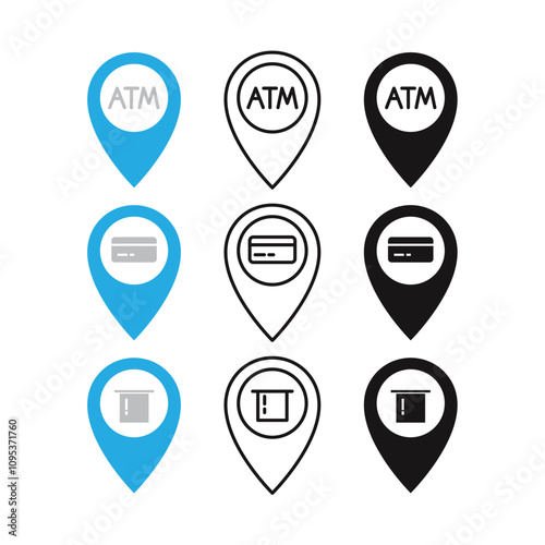 Atm And Map Pin Icon Set Vector Design.