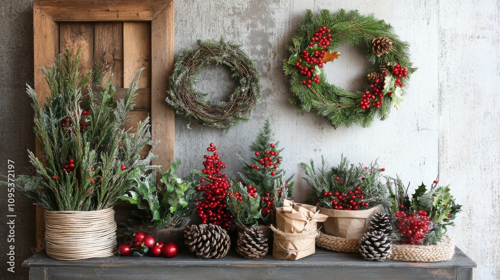Pine forests, wreaths, and natural winter elements like berries and holly, background for eco-friendly brands or rustic holiday promotions, 16:9