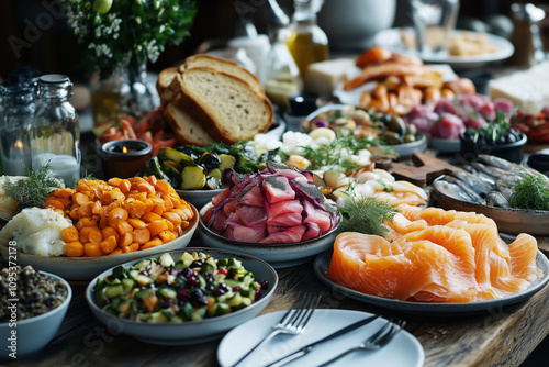 Traditional Scandinavian smorgasbord featuring diverse and vibrant dishes