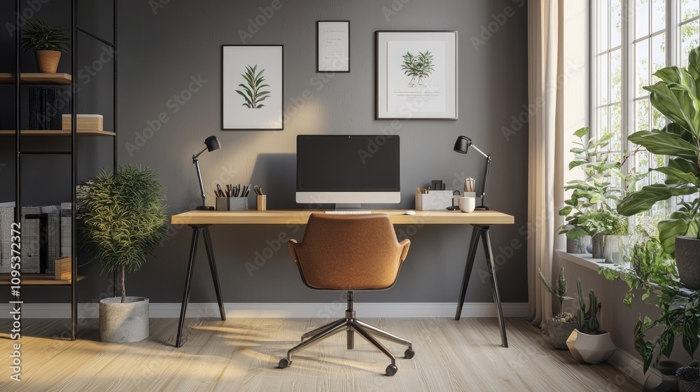Modern home office with a computer, desk, chair, and plants. (1) Modern home office with a computer, desk, chair, and plants. (1)