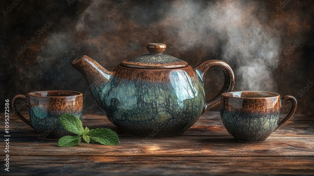 Ceramic Teapot with Steaming Cups on Wooden Table Ceramic Teapot with Steaming Cups on Wooden Table