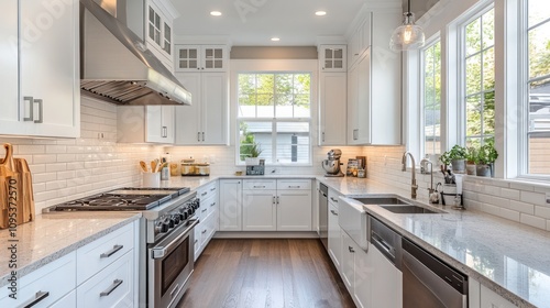 Modern kitchen with white cabinets, stainless steel appliances, and a farmhouse sink. (1)