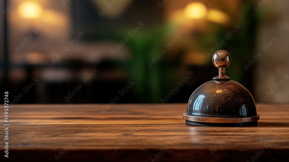 Antique Service Bell Rests on Wooden Tabletop Antique Service Bell Rests on Wooden Tabletop