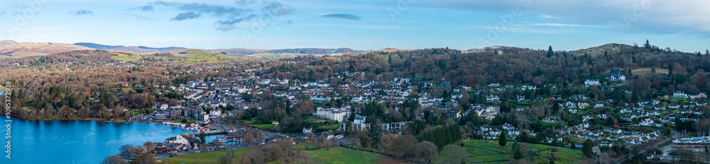 Panoramic aerial image of Windermere town in Cumbria Lake District - United Kingdom. Panoramic aerial image of Windermere town in Cumbria Lake District - United Kingdom.