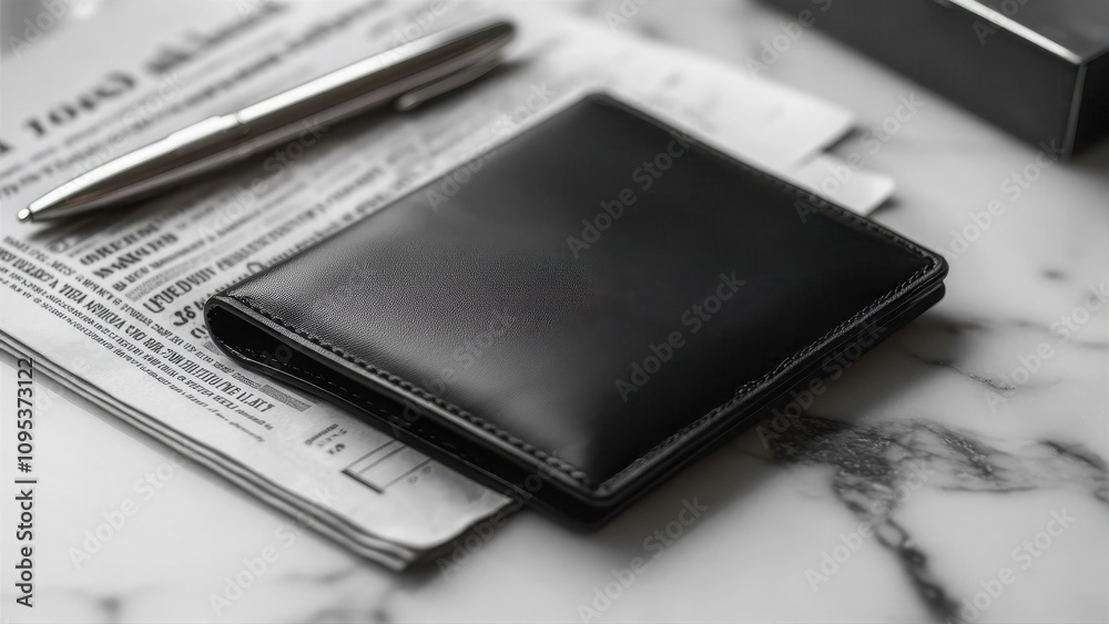 Black leather wallet on top of newspapers beside a pen Black leather wallet on top of newspapers beside a pen