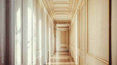 Detailed shot of ornate crown molding along the ceiling of a classic-style corridor.