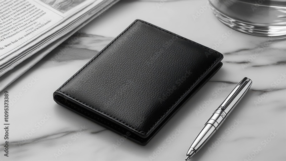 Black leather wallet with a pen and newspaper on marble surface Black leather wallet with a pen and newspaper on marble surface