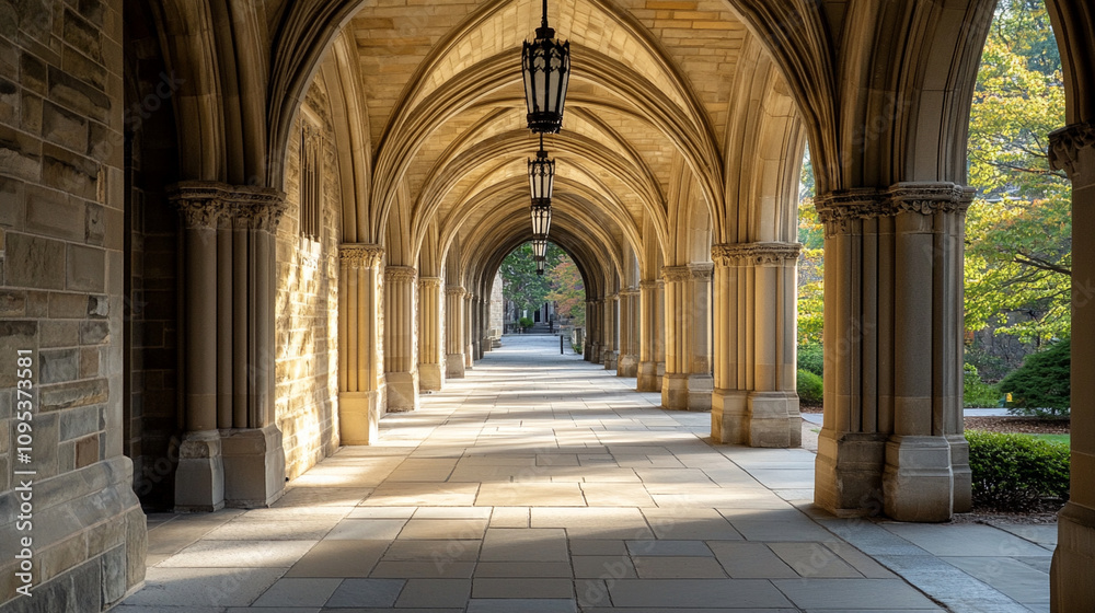 Focused view of an arched corridor, with stone columns creating a rhythmic pattern. Focused view of an arched corridor, with stone columns creating a rhythmic pattern.