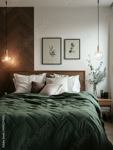 Dark Green Bedspread in Scandinavian Minimalist Bedroom with Wooden Accents photo