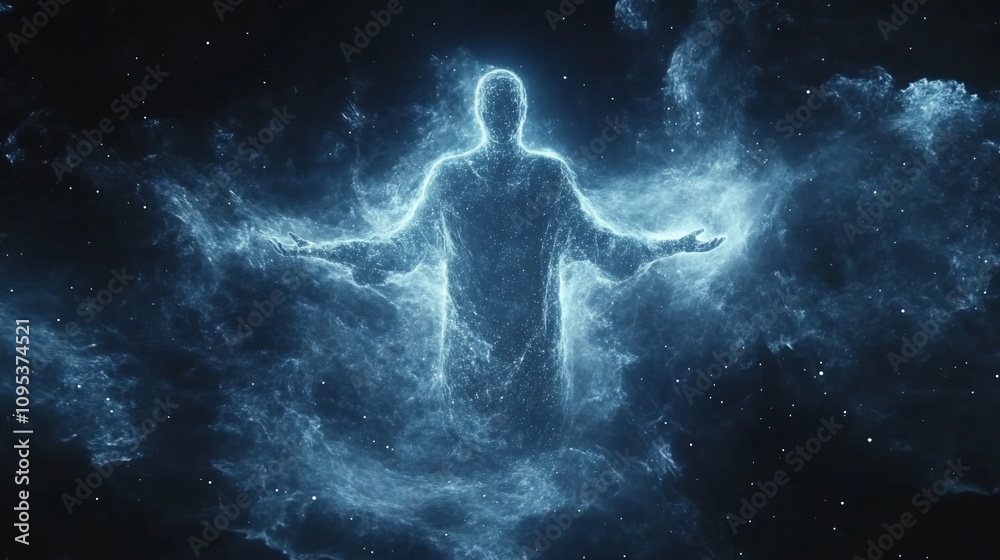 Glowing ethereal figure in cosmic nebula. Glowing ethereal figure in cosmic nebula.