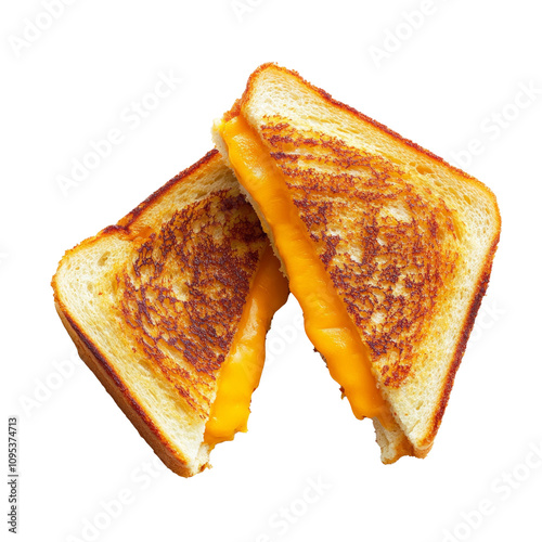 Transparent PNG image of  grilled cheese sandwich. Toasted cheese sandwich with grill marks cut in half . Top view.