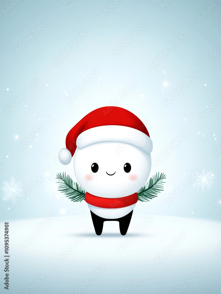 A candy cane in a Santa hat stands in a winter wonderland, holding pine branches