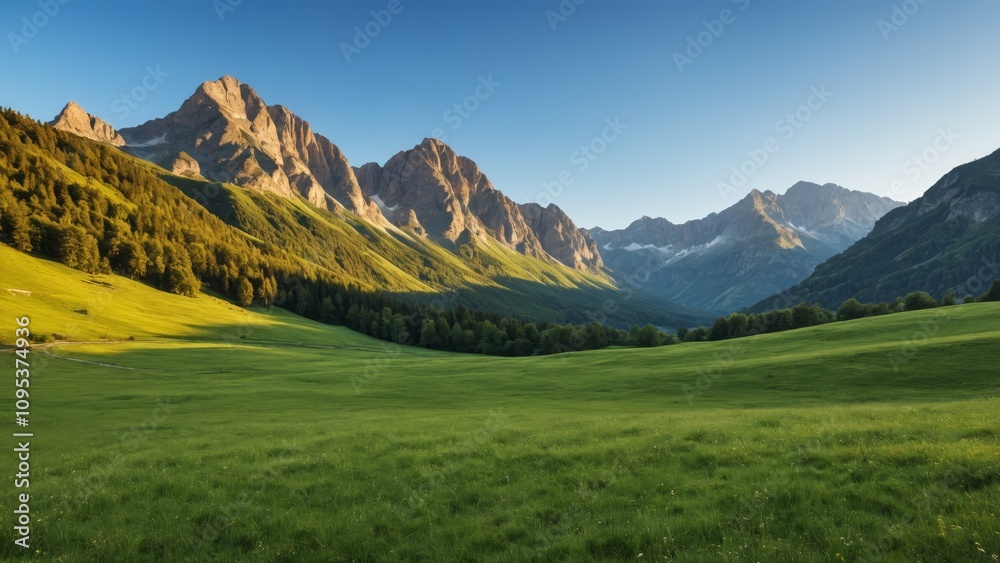 Breathtaking alpine landscape at sunset with dramatic mountain peaks and lush green fields Breathtaking alpine landscape at sunset with dramatic mountain peaks and lush green fields