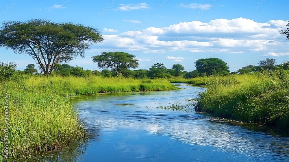 Obraz premium A serene river flows through lush greenery under a bright blue sky with scattered clouds.