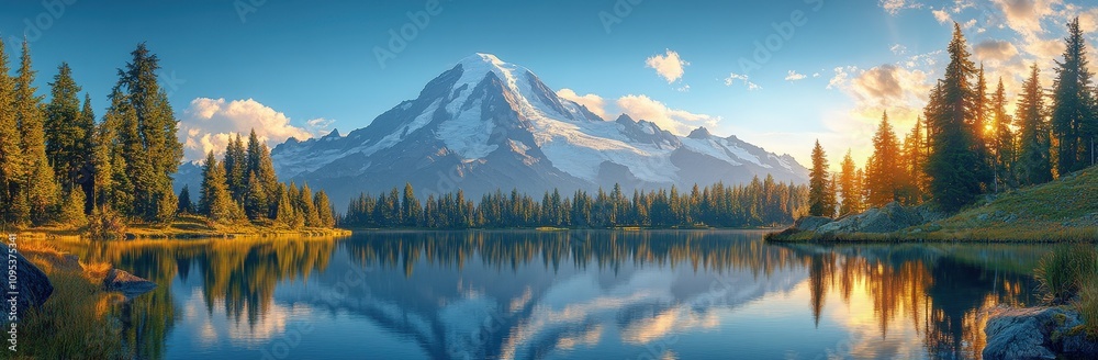 custom made wallpaper toronto digitalPanoramic view of Mount Rainier reflecting in a serene lake under clear skies.