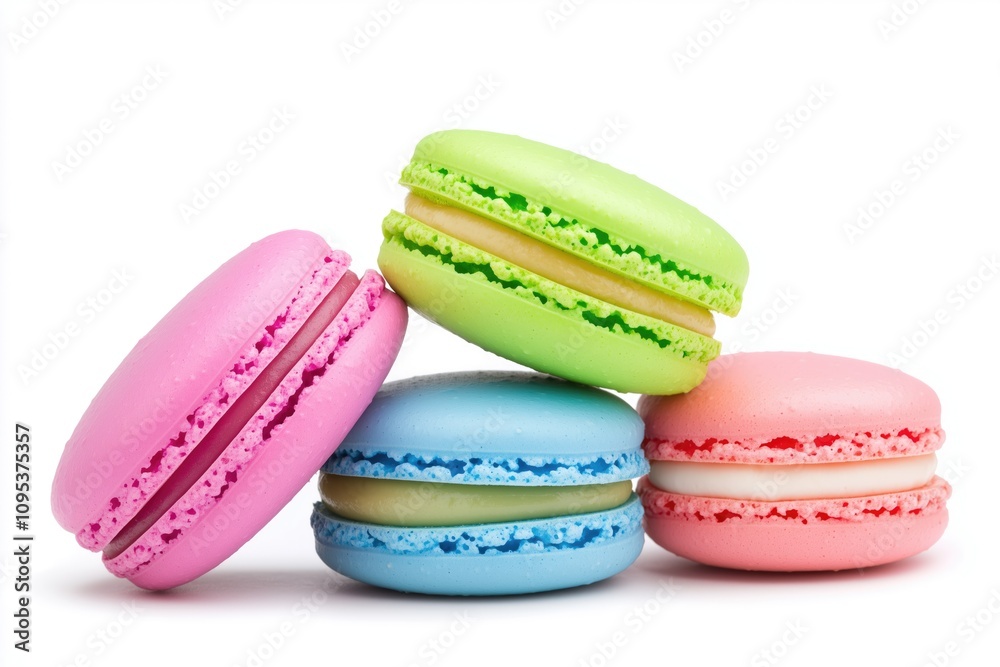 Colorful Macarons on White Background, Delightful Sweets Display Colorful Macarons on White Background, Delightful Sweets Display