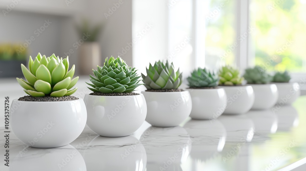 Succulent Serenity: A Row of Lush Artificial Plants in White Pots. Succulent Serenity: A Row of Lush Artificial Plants in White Pots.