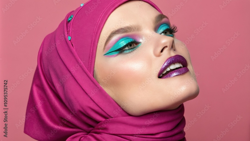 In this portrait a person wears a bright magenta headscarf that adds flair to their overall appearance. Their makeup features vivid turquoise eyeliner and shiny violet lipstick In this portrait a person wears a bright magenta headscarf that adds flair to their overall appearance. Their makeup features vivid turquoise eyeliner and shiny violet lipstick