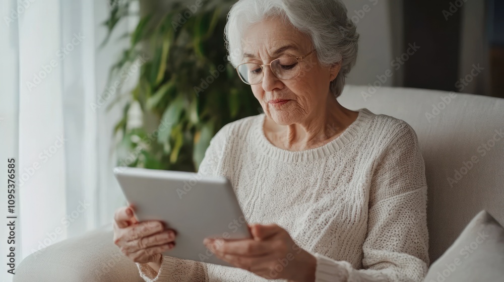 Elderly Woman Using Tablet at Home Comfortably Elderly Woman Using Tablet at Home Comfortably