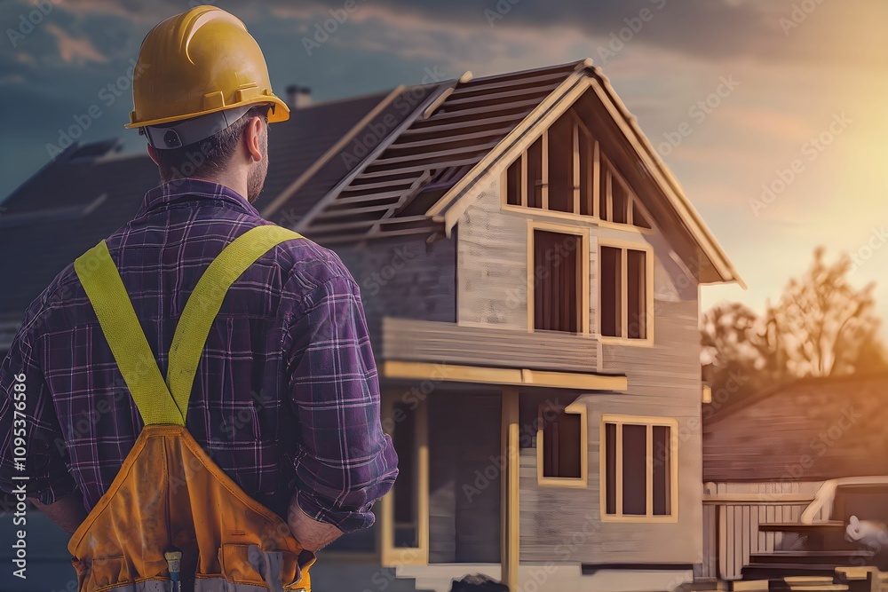 Construction worker overseeing new home build during sunset Construction worker overseeing new home build during sunset