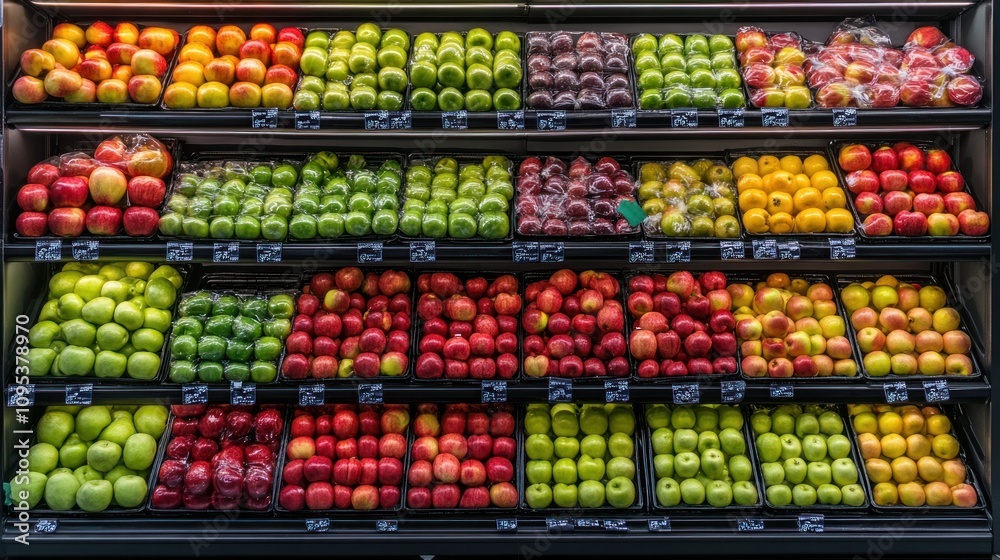 A Colorful Showcase of Fresh Apples and Green Apples in a Supermarket A Colorful Showcase of Fresh Apples and Green Apples in a Supermarket