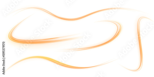 Set of glowing curved lines in the shape of speed. Long exposure photography of light painting, curved lines of bright neon metallic yellow gold on transparent background PNG.