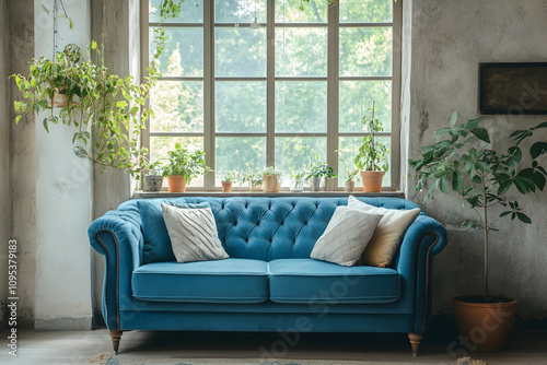 Cozy room with a comfortable blue sofa and decorative pillows. high quality image