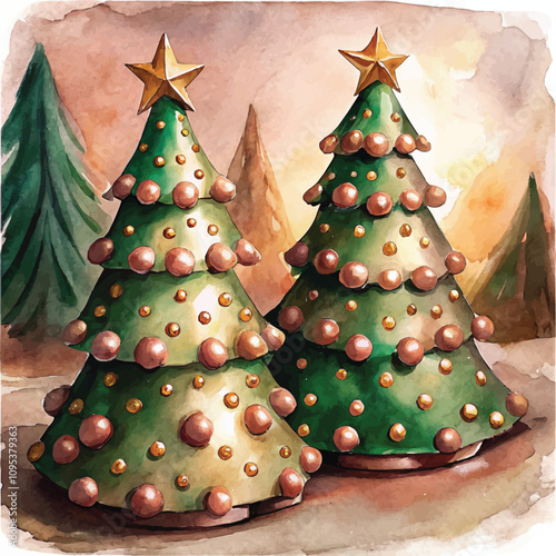 Golden adorned green Christmas trees with shining star toppers in a festive forest setting