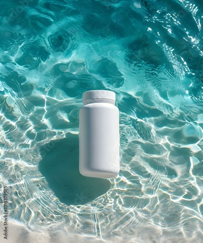 A white package of pills floats in the sea, pills in the container photo