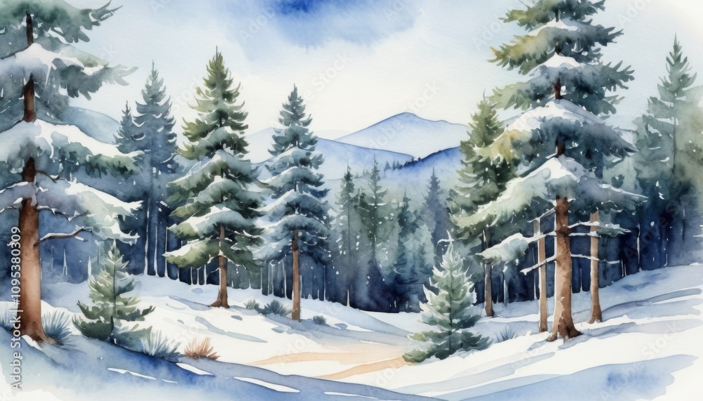 Fototapeta premium Watercolor illustration capturing a peaceful winter landscape with snow-covered trees and mountains in the distance