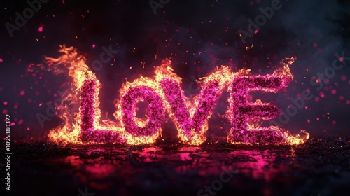 Fiery word "LOVE" ignited with vibrant pink and red flames, embers flying in a smoky atmosphere, creating a bold and passionate visual against a dark, dramatic background.