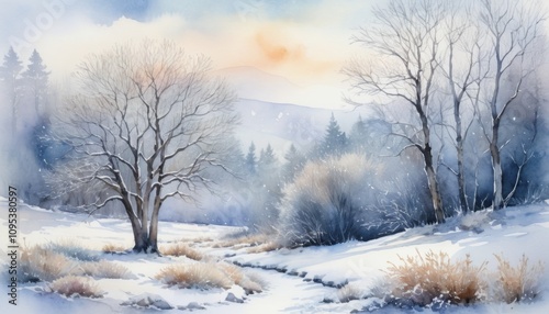 Watercolor illustration of a tranquil winter landscape with snow-covered trees and a calm stream under a pastel sky during early morning