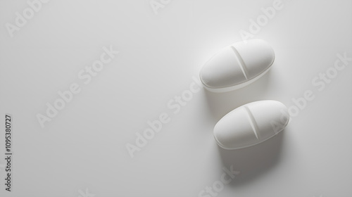 Close-up of two white pills on a minimalist light background with ample copy space, perfect for healthcare-related designs or medical advertising