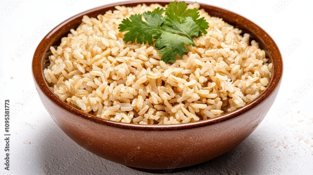 A bowl of brown rice garnished with fresh cilantro, presented on a clean white background, showcasing its nutritious and wholesome appeal. A bowl of brown rice garnished with fresh cilantro, presented on a clean white background, showcasing its nutritious and wholesome appeal.