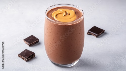 A creamy chocolate smoothie topped with peanut butter, served in a glass with chocolate pieces nearby.