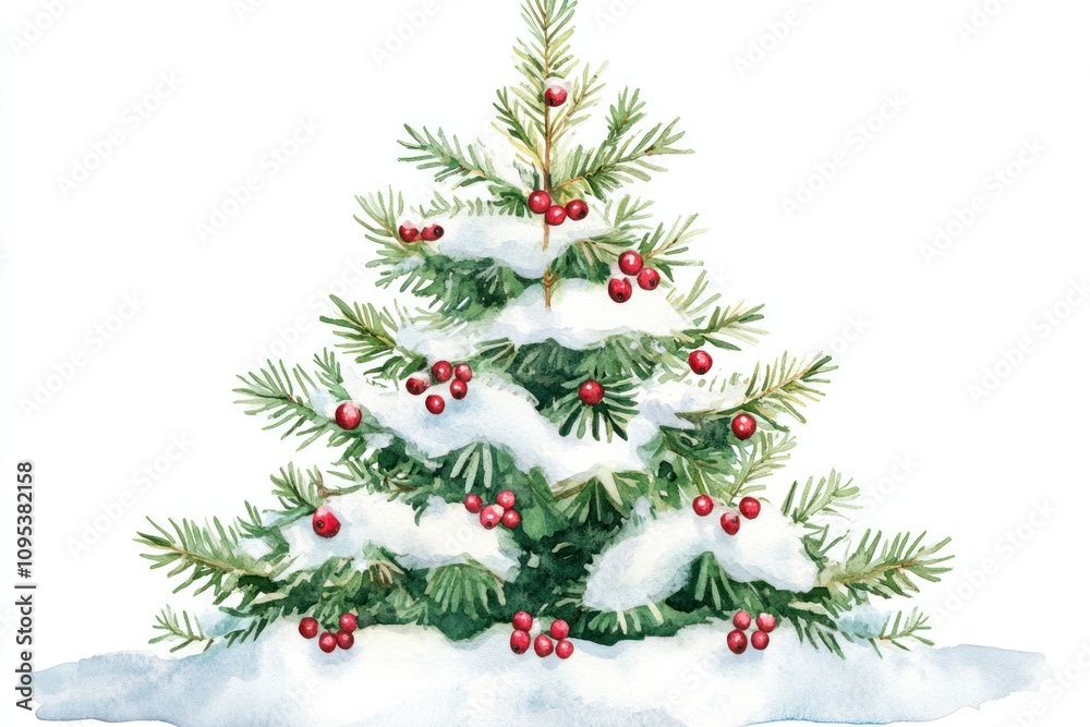 A Snow Covered Evergreen Tree With Red Berries A Snow Covered Evergreen Tree With Red Berries