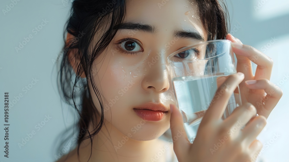 Woman with water droplets on her face holds a glass of water. Woman with water droplets on her face holds a glass of water.