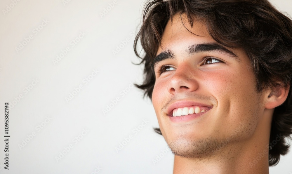 Young Man Smiling Upward With Dark Hair