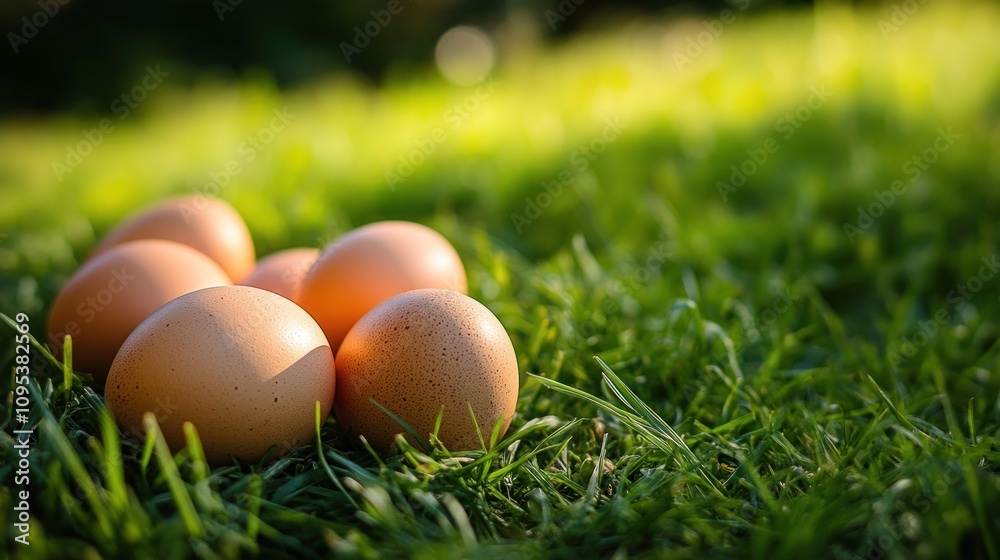 Brown eggs nestled gently in green grass Brown eggs nestled gently in green grass