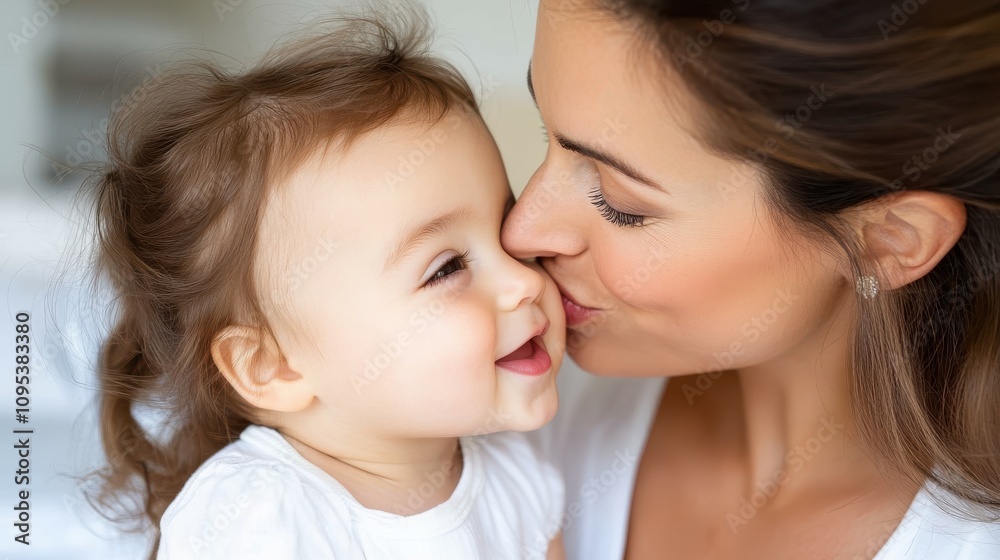 The close-up image shows a mother kissing her smiling toddler, capturing a tender moment full of warmth, affection, and connection in a light-filled room. The close-up image shows a mother kissing her smiling toddler, capturing a tender moment full of warmth, affection, and connection in a light-filled room.