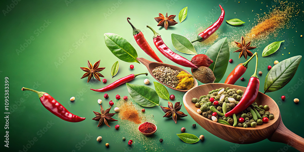 A vibrant display features wooden spoons filled with an array of spices and herbs. Bright red chilies, green leaves, and colorful powders create an appealing culinary composition A vibrant display features wooden spoons filled with an array of spices and herbs. Bright red chilies, green leaves, and colorful powders create an appealing culinary composition