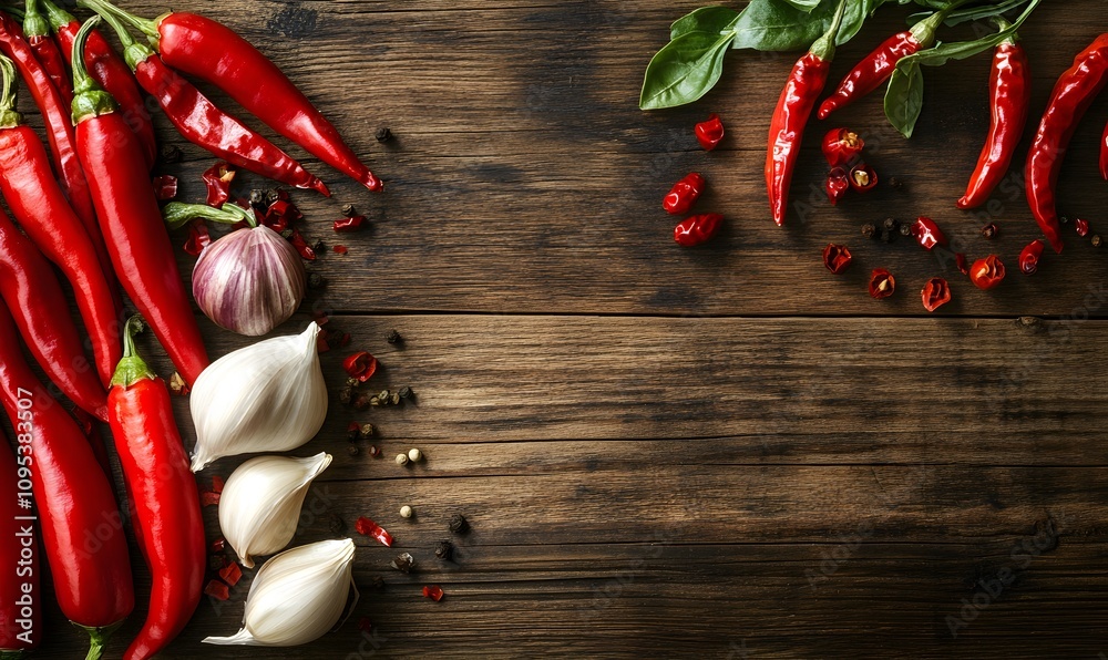 Fresh red chili peppers and garlic cloves arranged artfully on a wooden table Fresh red chili peppers and garlic cloves arranged artfully on a wooden table